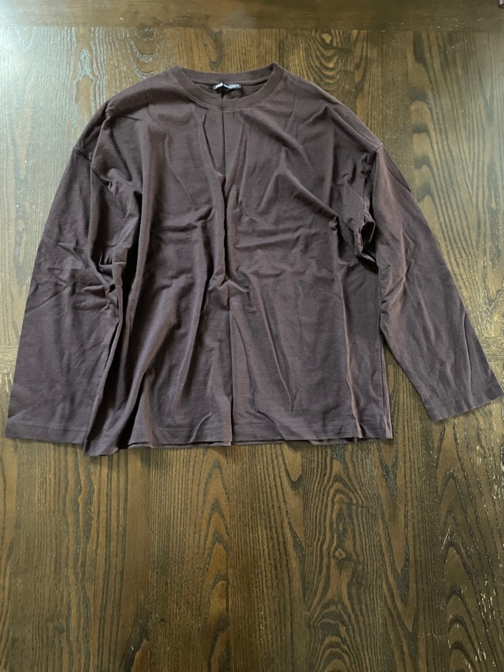 Zara Women's Long-Sleeve Crewneck Tee in Dark Brown